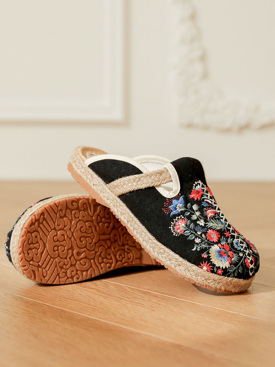 Women Summer Ethnic Flower Embroidery Cotton Slippers