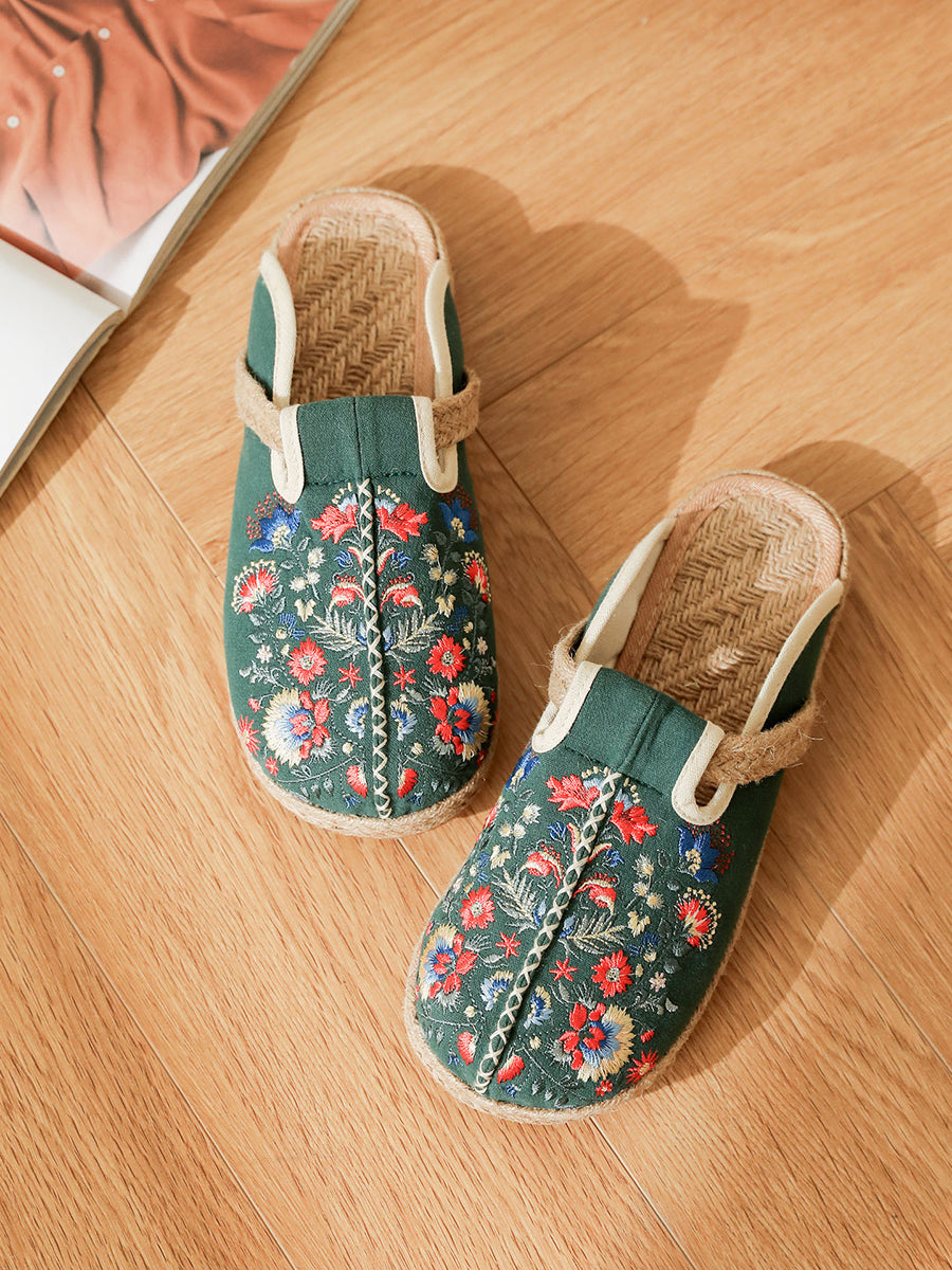 Women Summer Ethnic Flower Embroidery Cotton Slippers