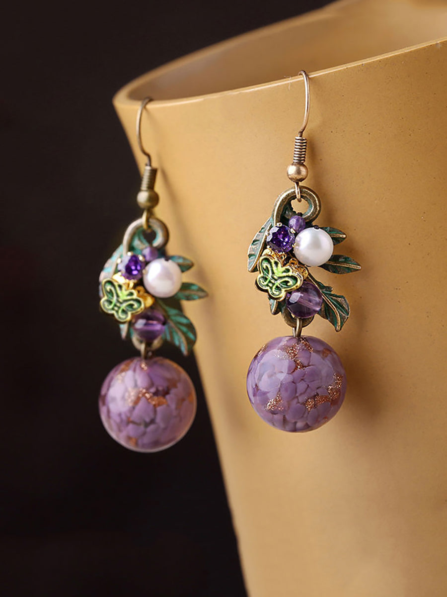 Women Ethnic Glass Bead Copper Cloisonne Earrings