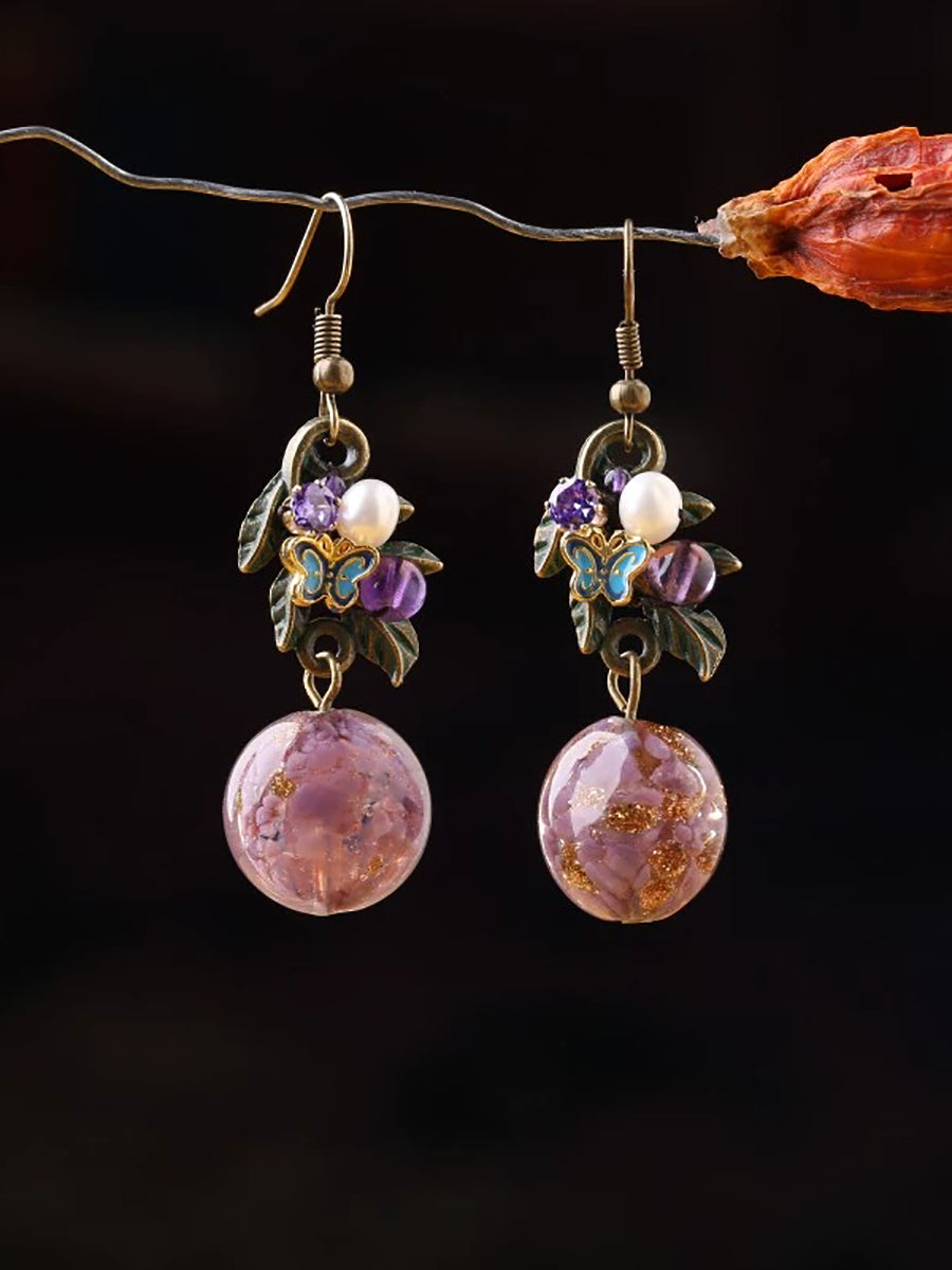 Women Ethnic Glass Bead Copper Cloisonne Earrings