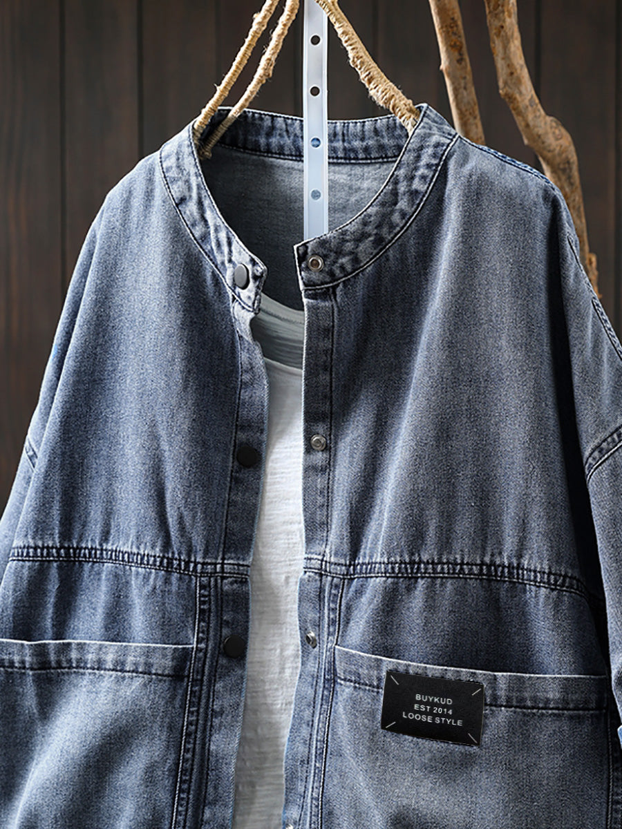 Plus Size Women Summer Retro Pure Color Stand Collar Denim Shirt
