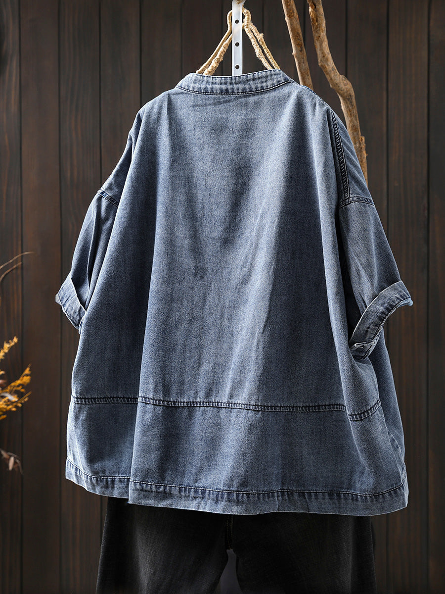 Plus Size Women Summer Retro Pure Color Stand Collar Denim Shirt