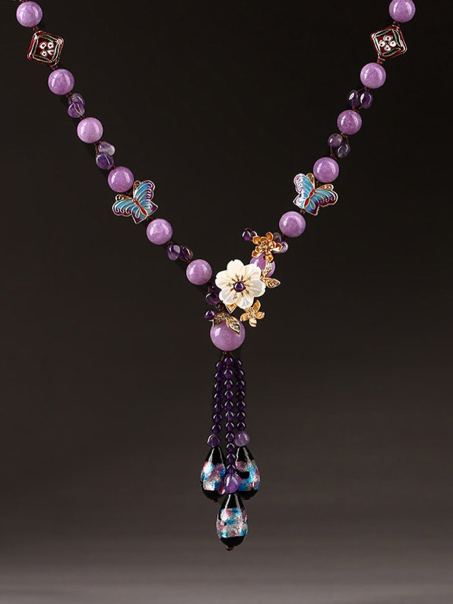 Women Vintage Purple Bead Flower Tassel Long Necklace