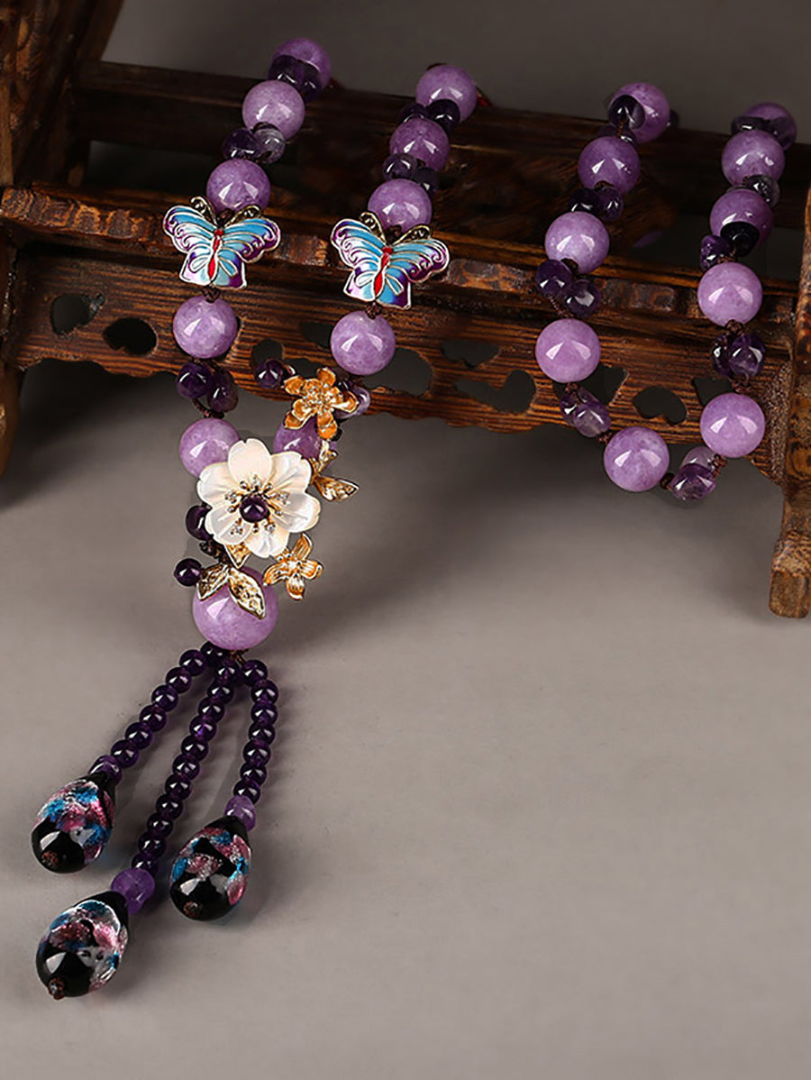 Women Vintage Purple Bead Flower Tassel Long Necklace