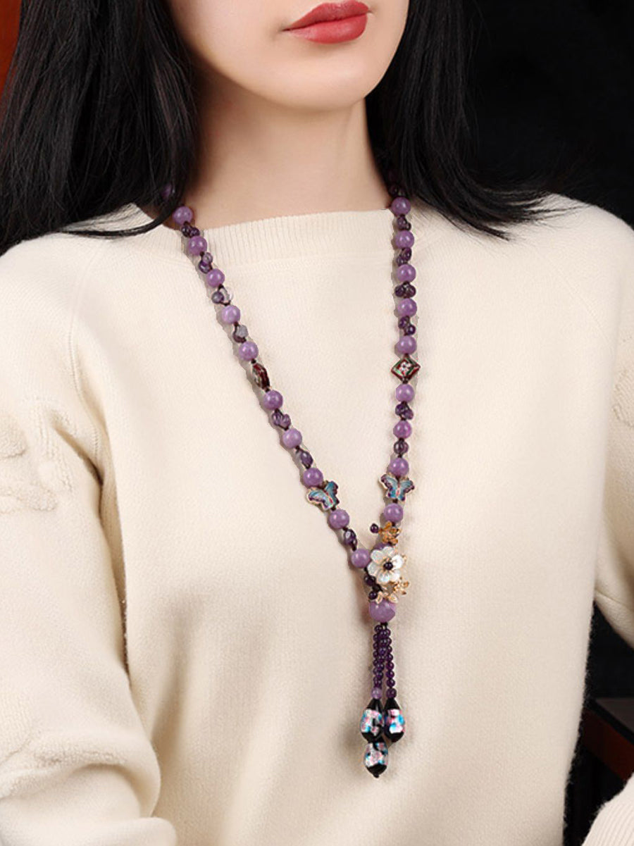 Women Vintage Purple Bead Flower Tassel Long Necklace