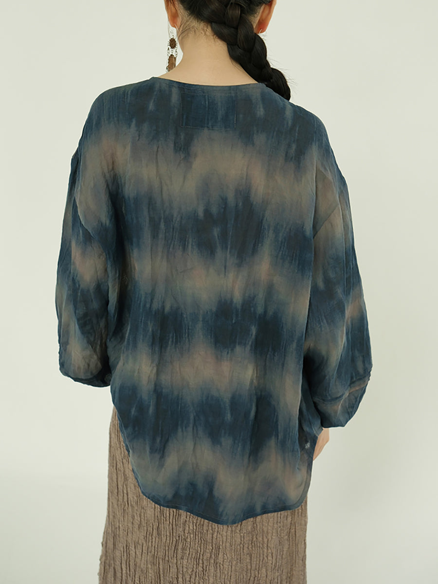 Plus Size Women Summer Artsy Tie-dye O-Neck 100%Ramie Shirt