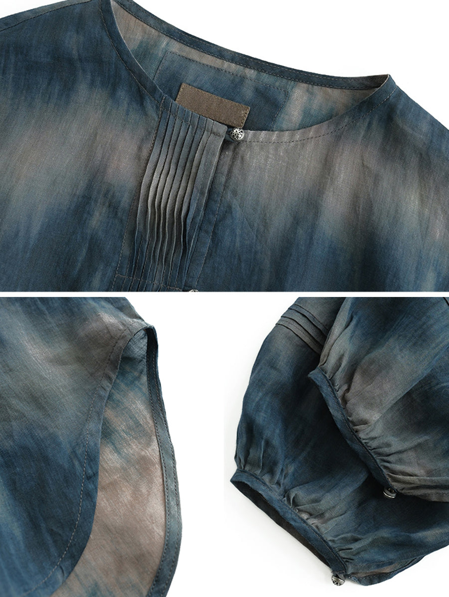 Plus Size Women Summer Artsy Tie-dye O-Neck 100%Ramie Shirt