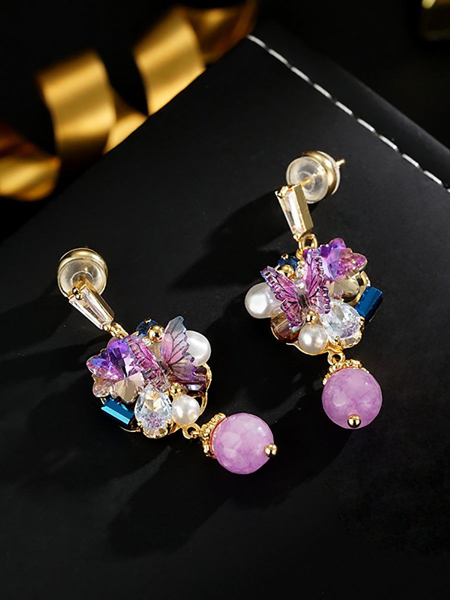 Women Artsy Butterfly Bead Pearl Copper Earrings