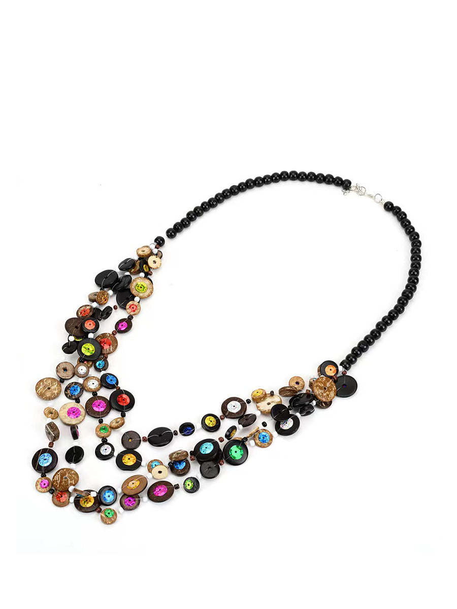 Bohemia Wooden Button Bead Multilayer Necklace