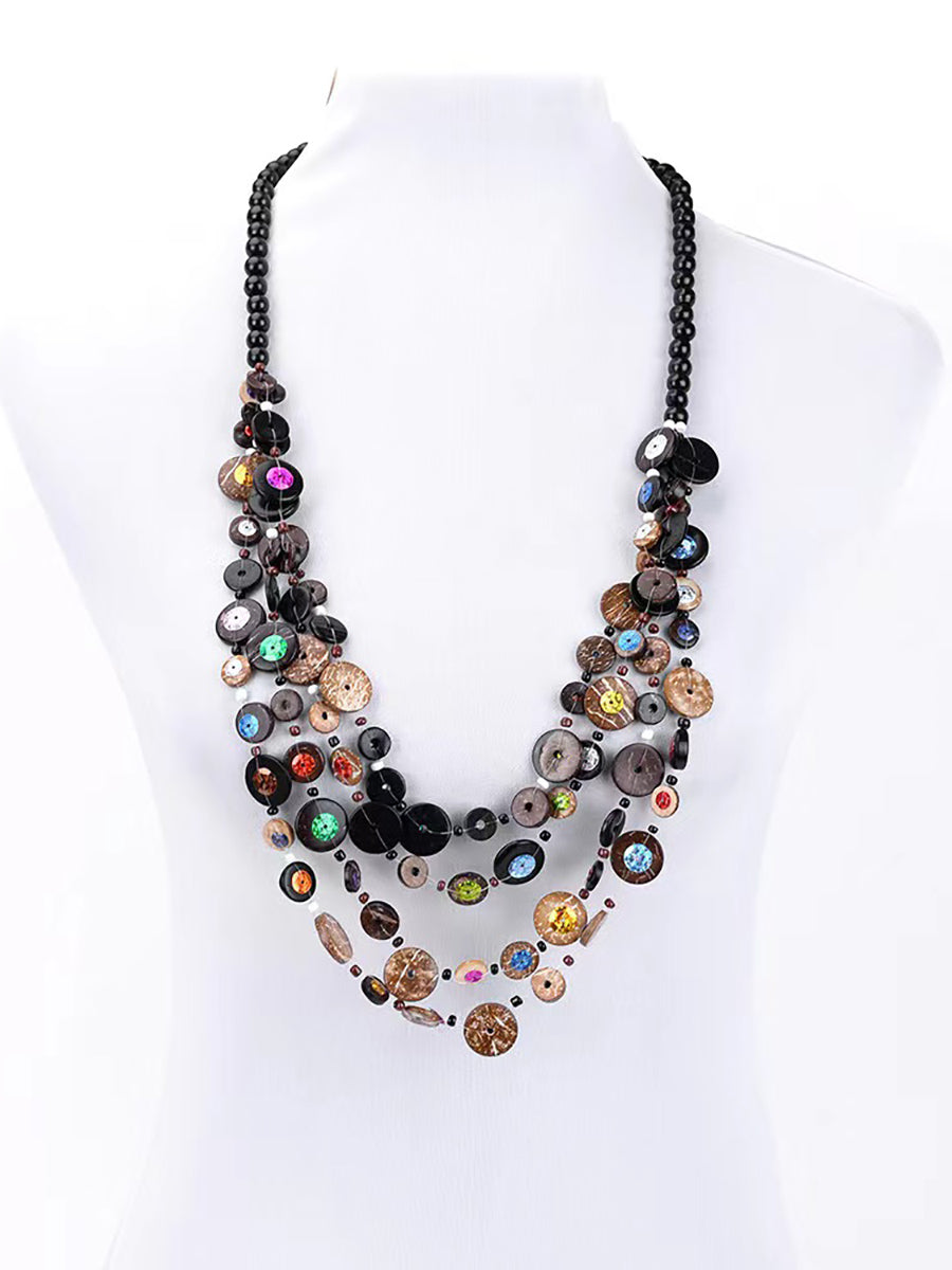 Bohemia Wooden Button Bead Multilayer Necklace