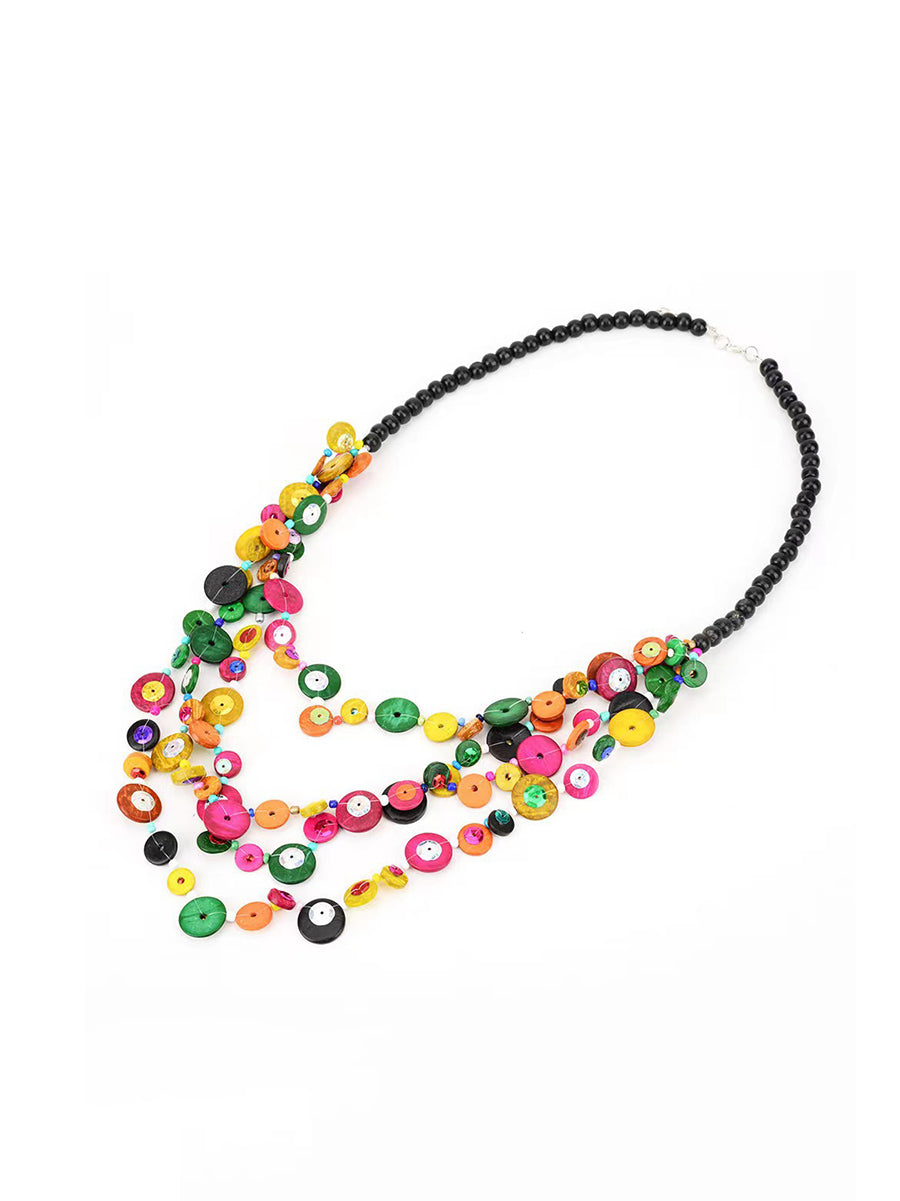 Bohemia Wooden Button Bead Multilayer Necklace