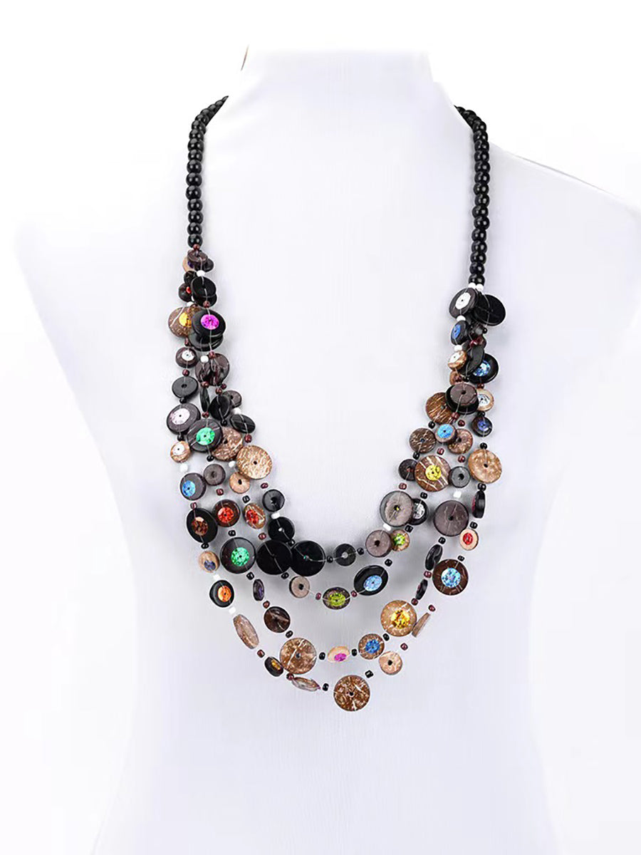 Bohemia Wooden Button Bead Multilayer Necklace