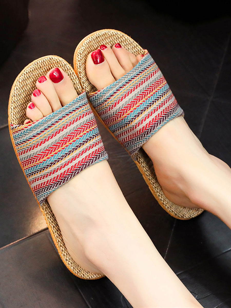 Couple Vintage Colorful Stripe Linen Slippers