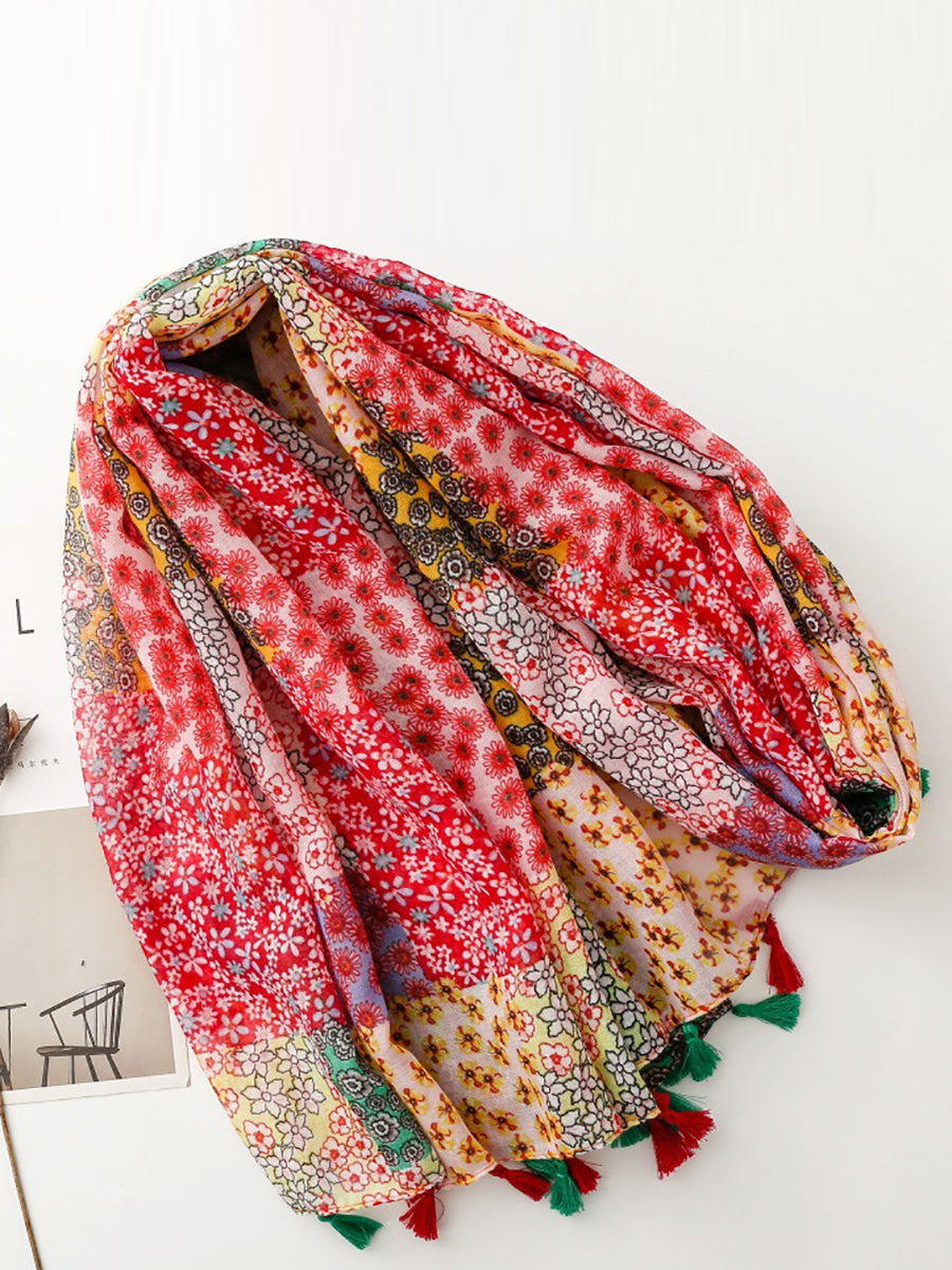 Women Bohemia Floral Patchwork Tassel Shawl Scarf