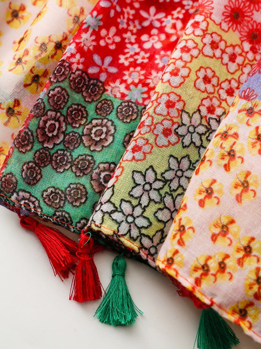 Women Bohemia Floral Patchwork Tassel Shawl Scarf