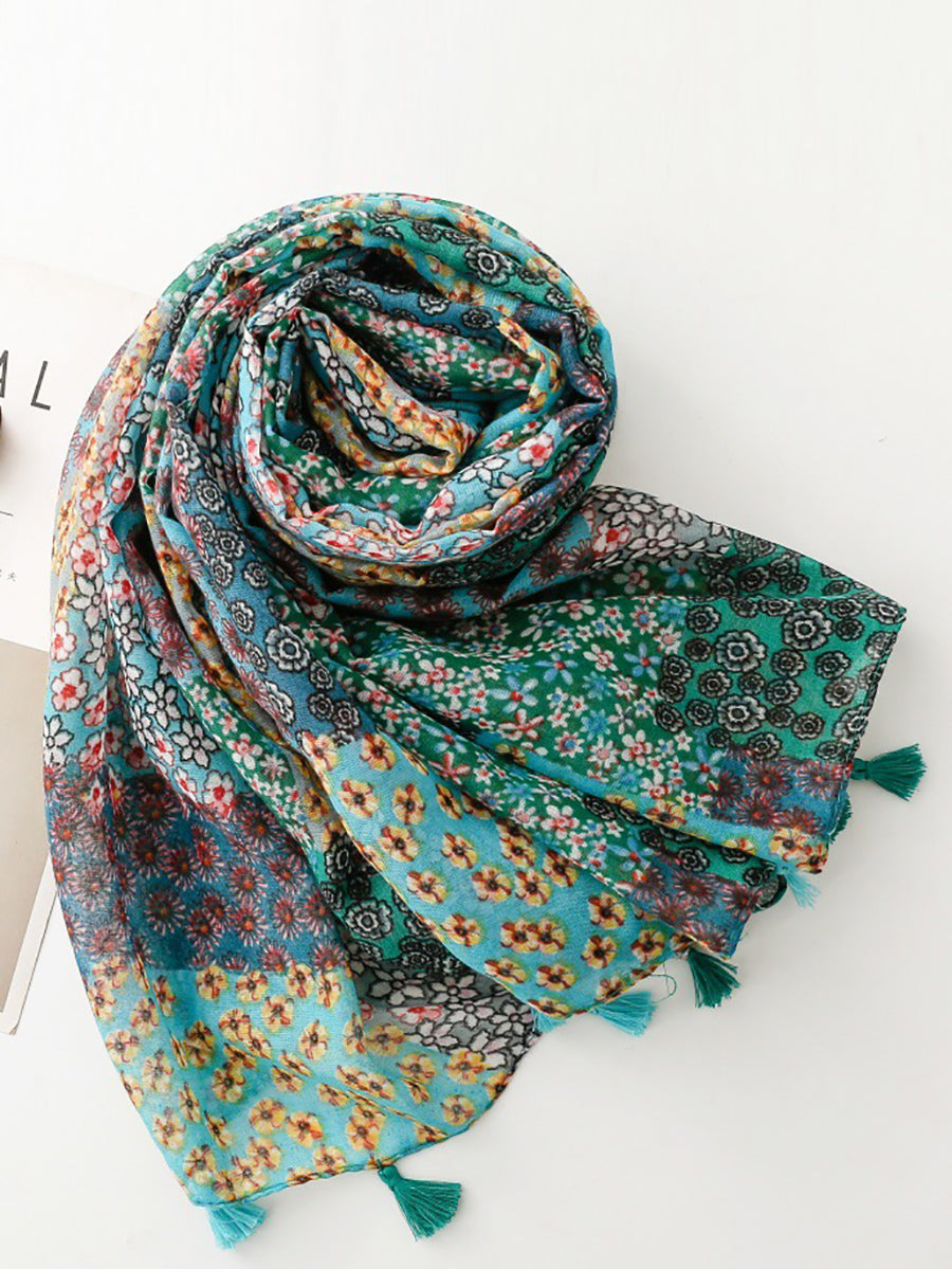 Women Bohemia Floral Patchwork Tassel Shawl Scarf