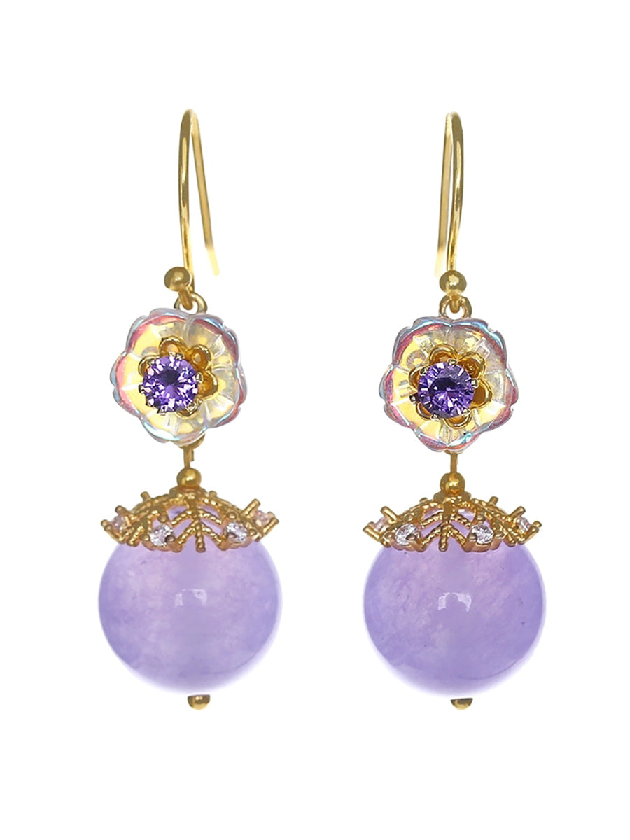 Women Ethnic Glaze Flower Zircon Jade S925Sliver Earrings