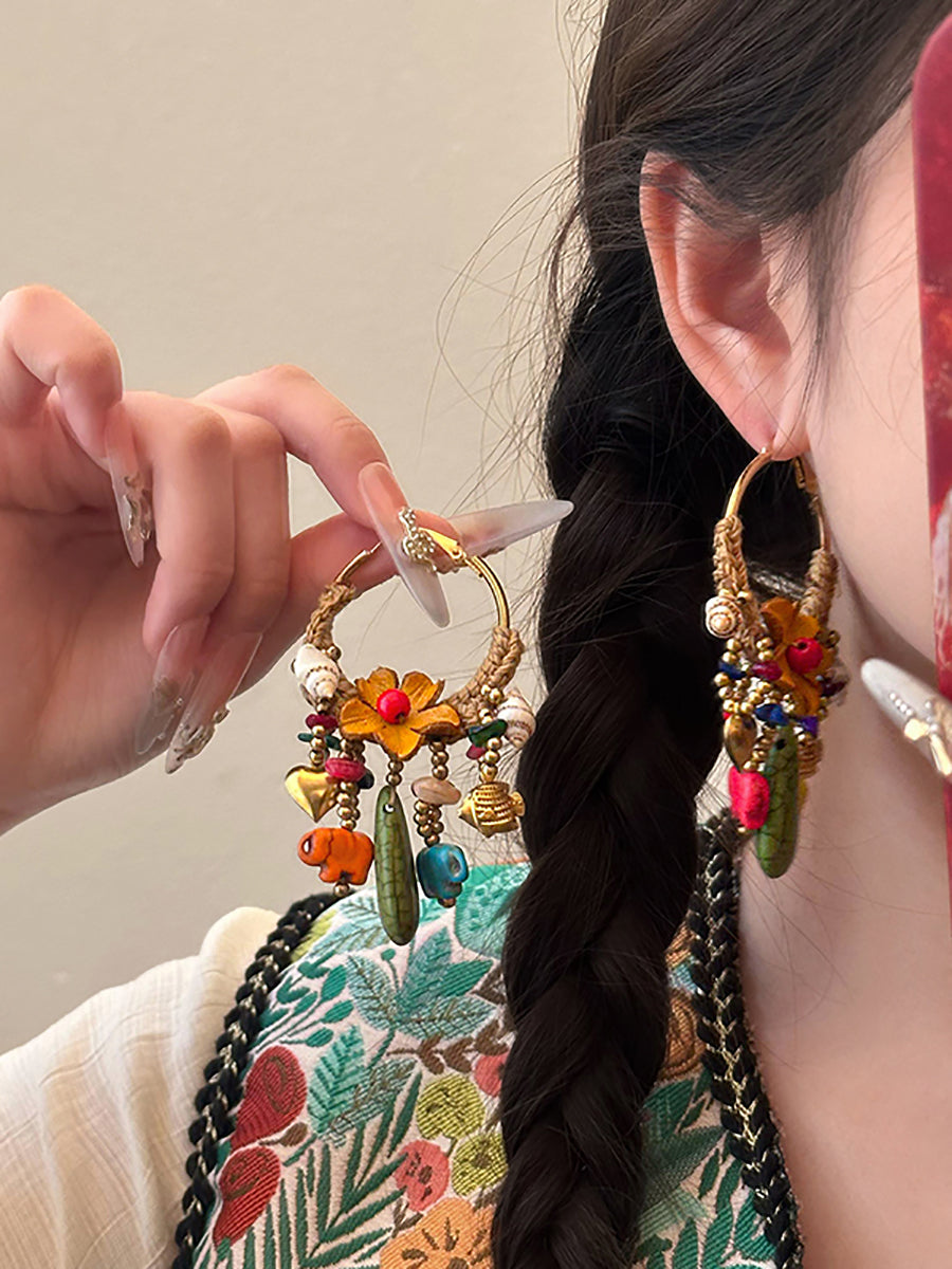 Women Ethnic Flower Bead Tassel Copper Earrings