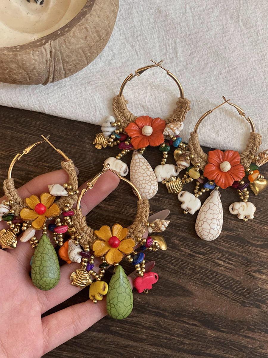 Women Ethnic Flower Bead Tassel Copper Earrings