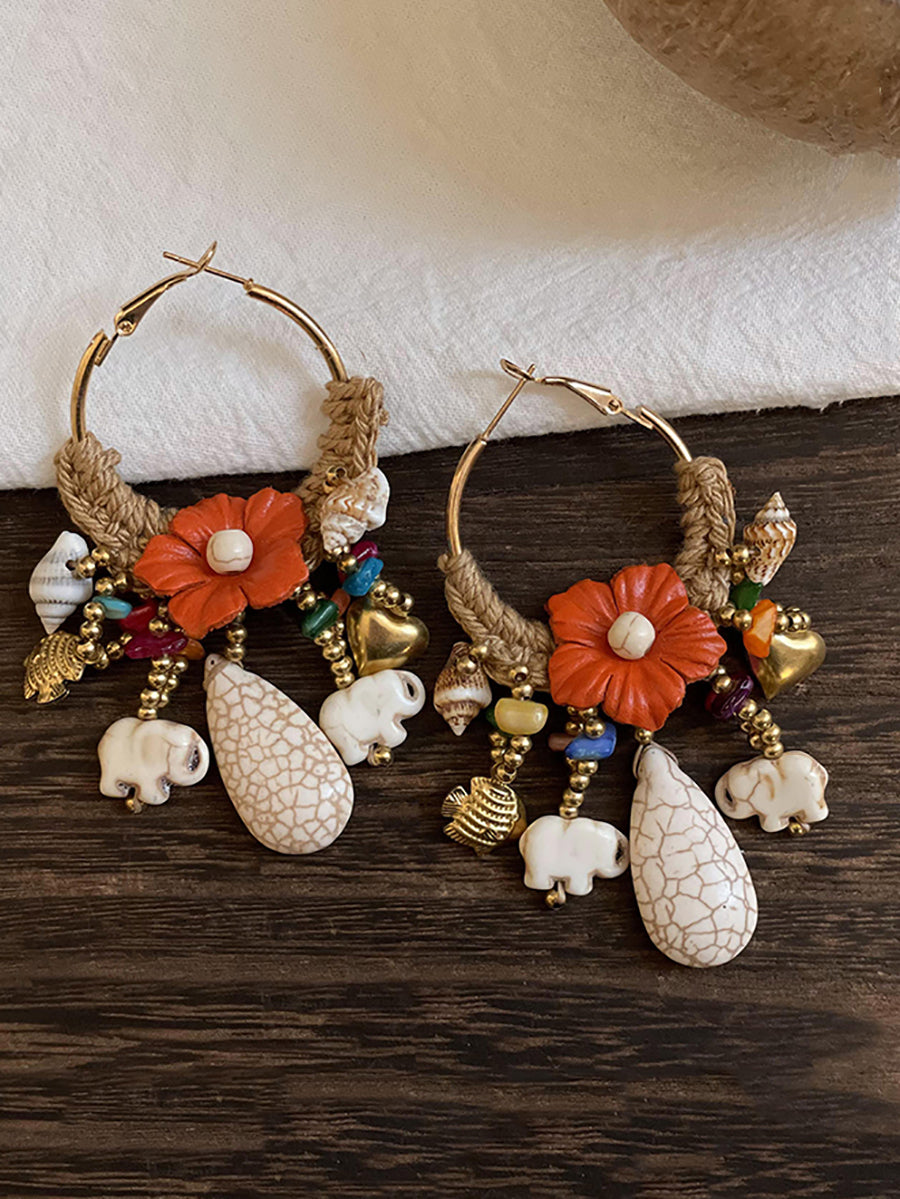 Women Ethnic Flower Bead Tassel Copper Earrings