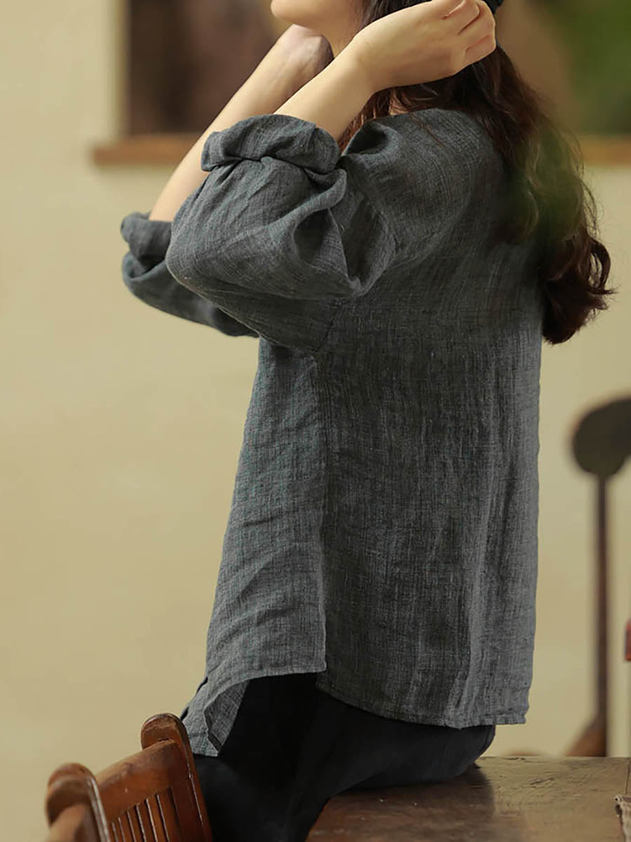 Plus Size Women Summer Casual Pure Color O-Neck 100%Linen Shirt