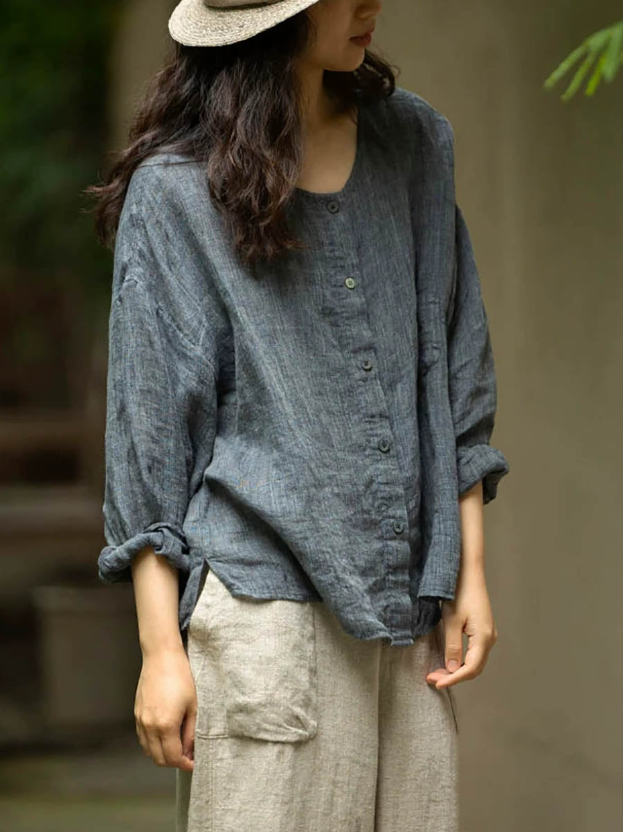 Plus Size Women Summer Casual Pure Color O-Neck 100%Linen Shirt
