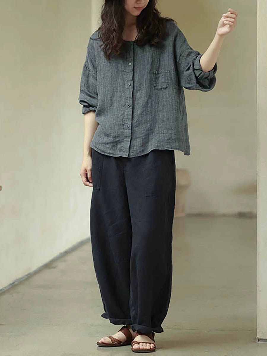 Plus Size Women Summer Casual Pure Color O-Neck 100%Linen Shirt