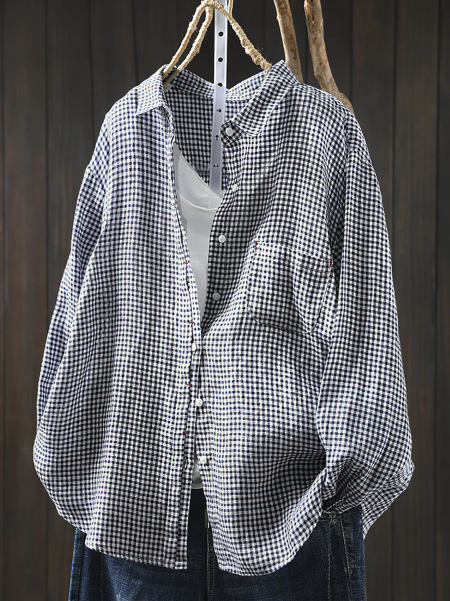 Plus Size Women Lattice Linen Cotton Turn-down Collar Shirt