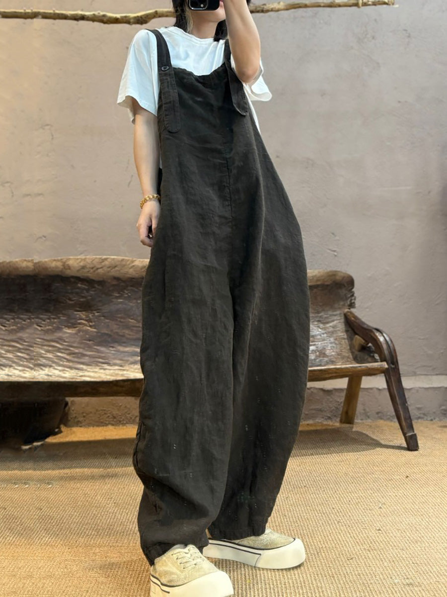 Plus Size Women Summer Retro Pure Color Linen Loose Jumpsuits