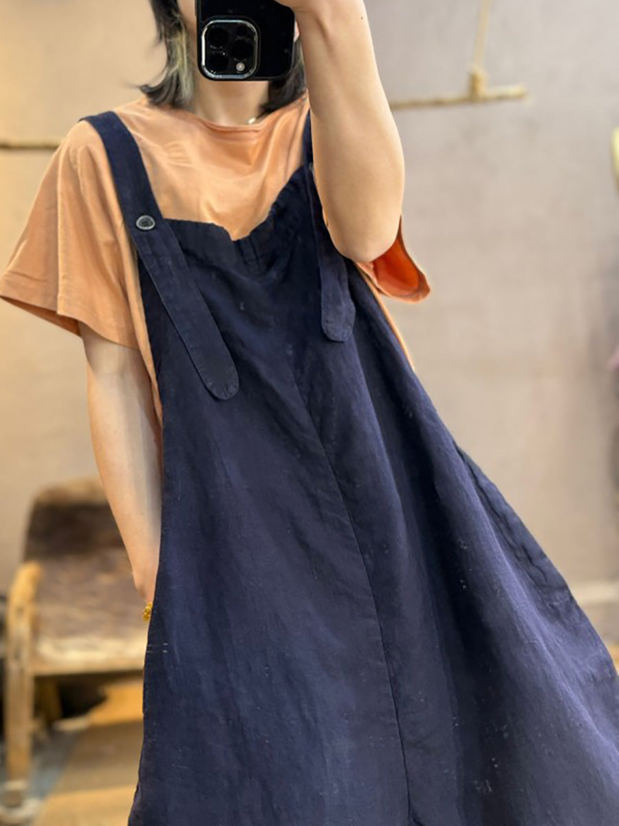 Plus Size Women Summer Retro Pure Color Linen Loose Jumpsuits