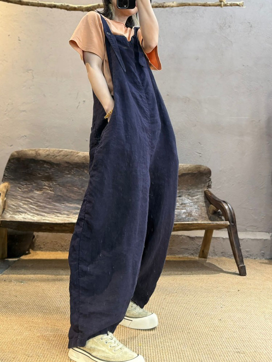 Plus Size Women Summer Retro Pure Color Linen Loose Jumpsuits