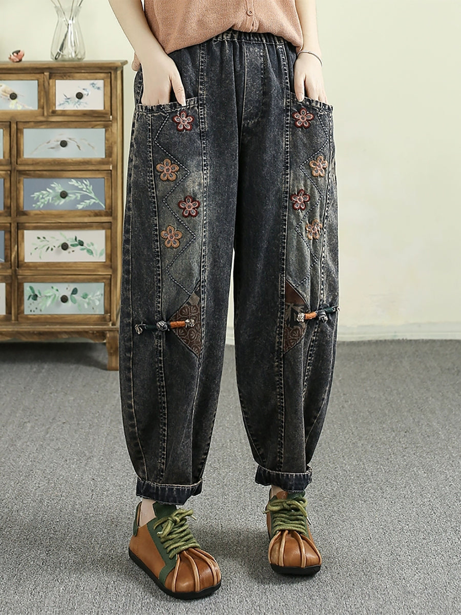 Women Retro Spring Flower Embroidery Denim Harem Pants