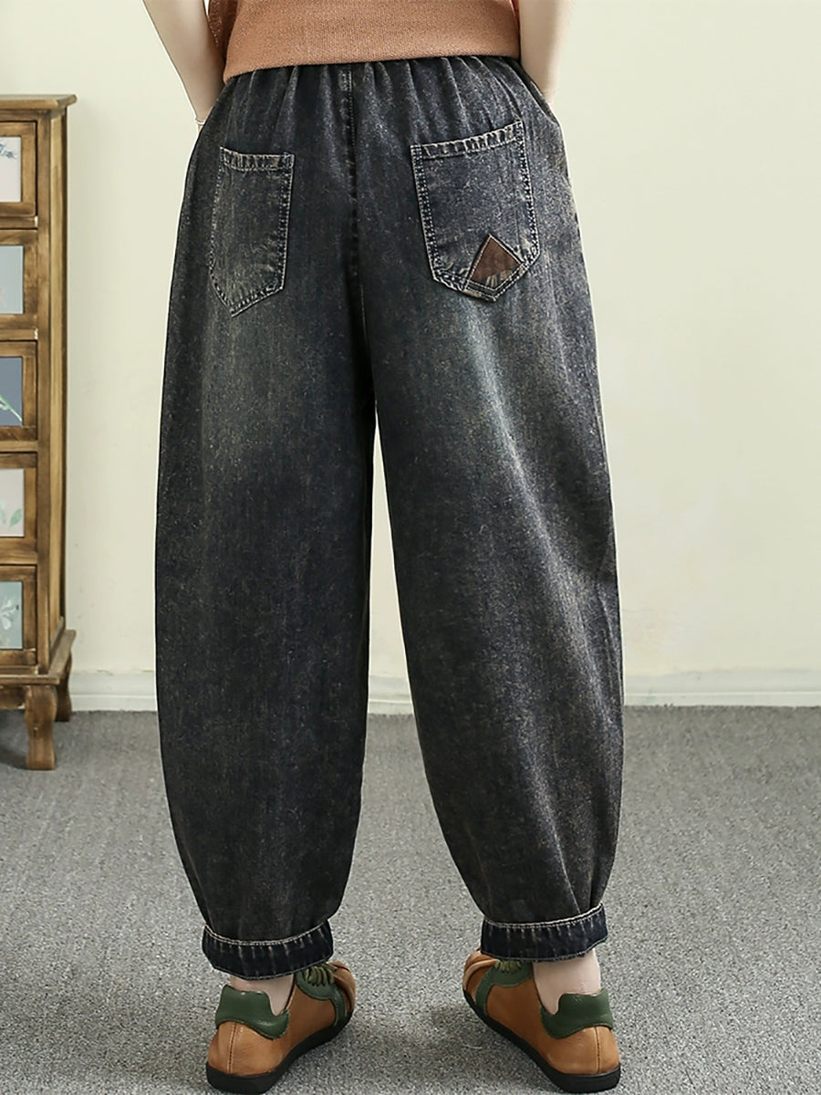 Women Retro Spring Flower Embroidery Denim Harem Pants