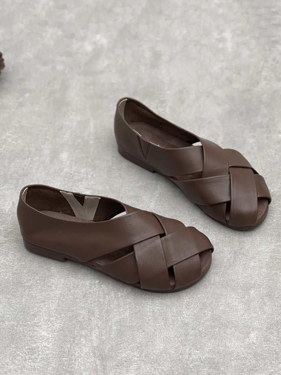 Women Vintage Genuine Leather Spliced Low Heel Shoes
