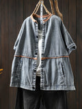 Women Summer Casual Colorblock O-Neck Denim Shirt