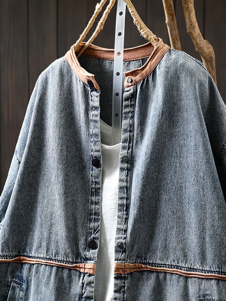 Women Summer Casual Colorblock O-Neck Denim Shirt