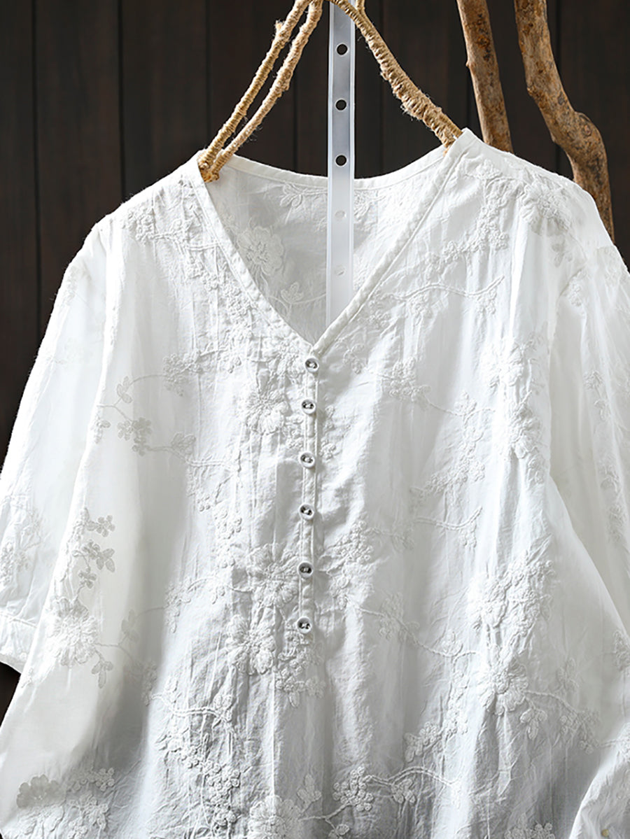 Plus Size Women Artsy Embroidery V-Neck 100%Cotton Shirt