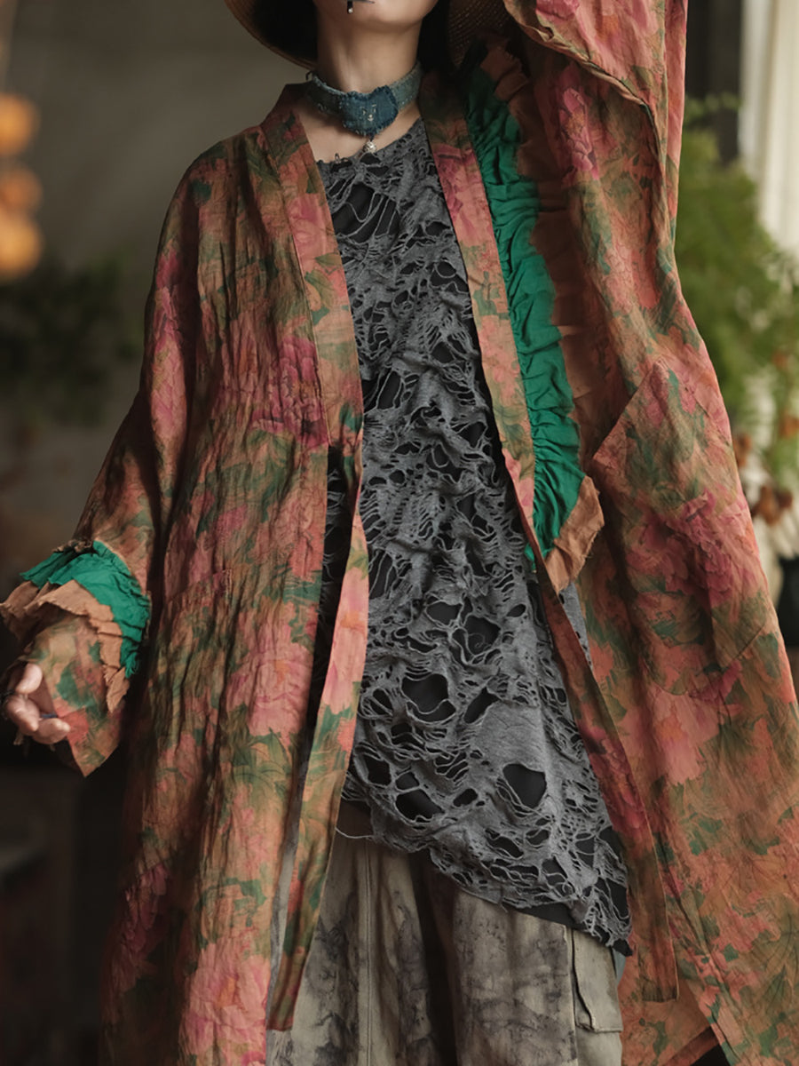 Plus Size Women Summer Artsy Flower V-Neck Ramie Shirt Coat