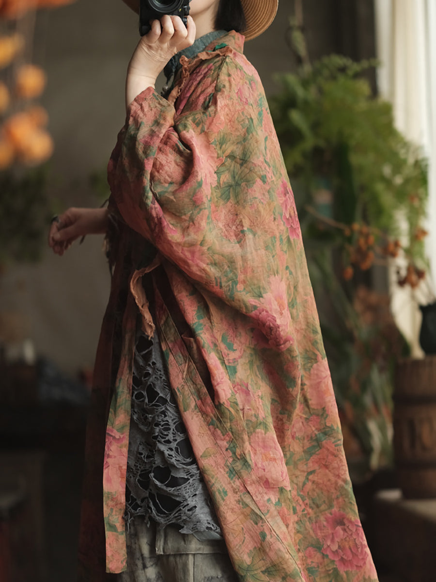 Plus Size Women Summer Artsy Flower V-Neck Ramie Shirt Coat