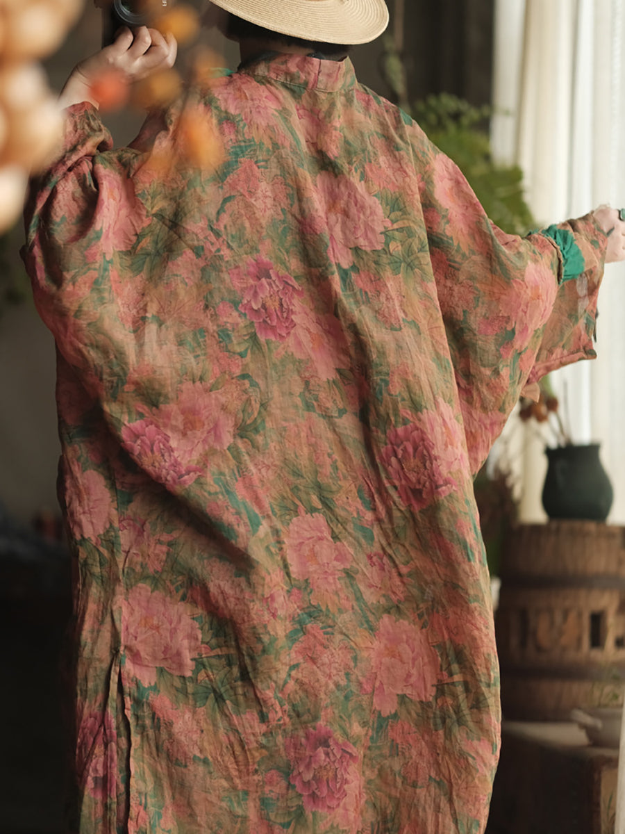Plus Size Women Summer Artsy Flower V-Neck Ramie Shirt Coat