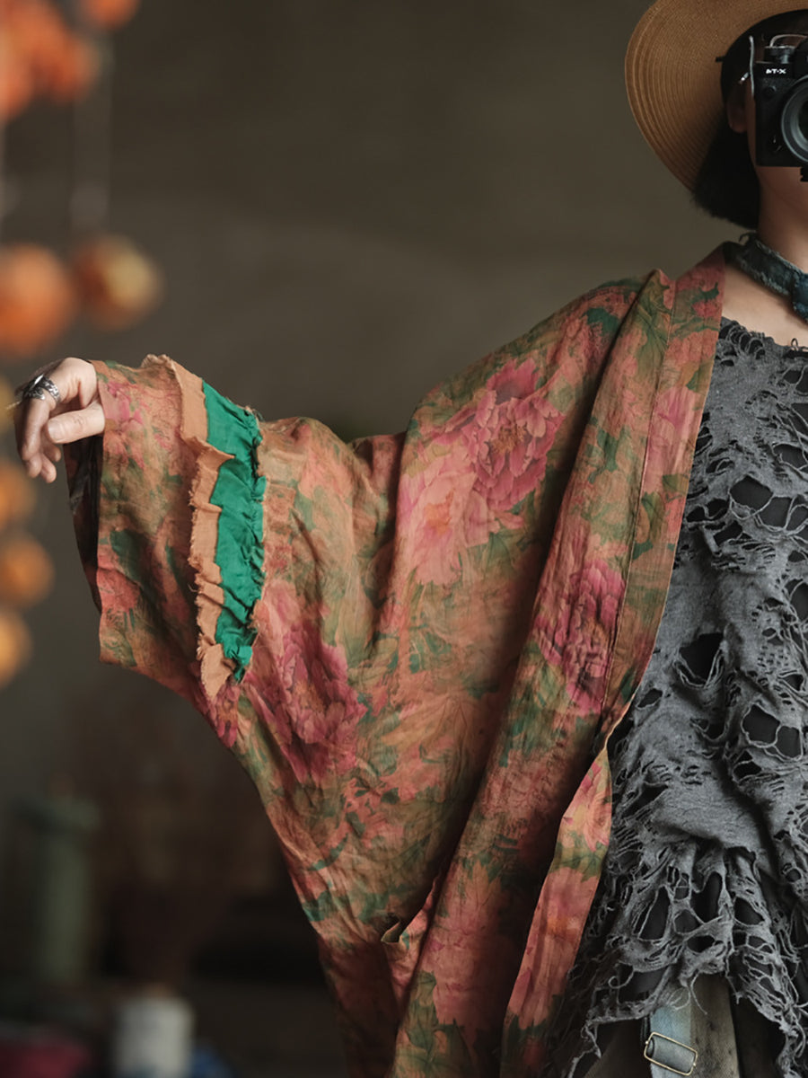 Plus Size Women Summer Artsy Flower V-Neck Ramie Shirt Coat