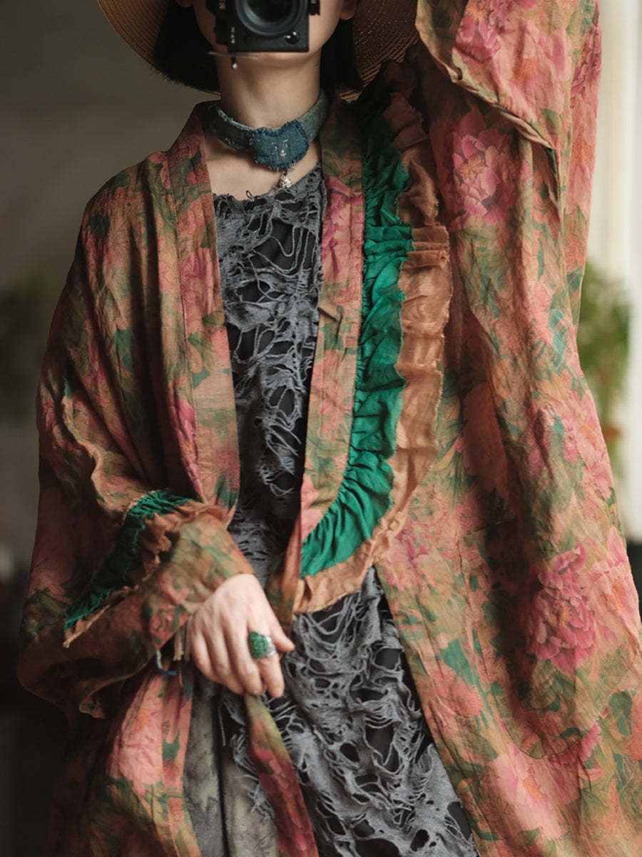 Plus Size Women Summer Artsy Flower V-Neck Ramie Shirt Coat