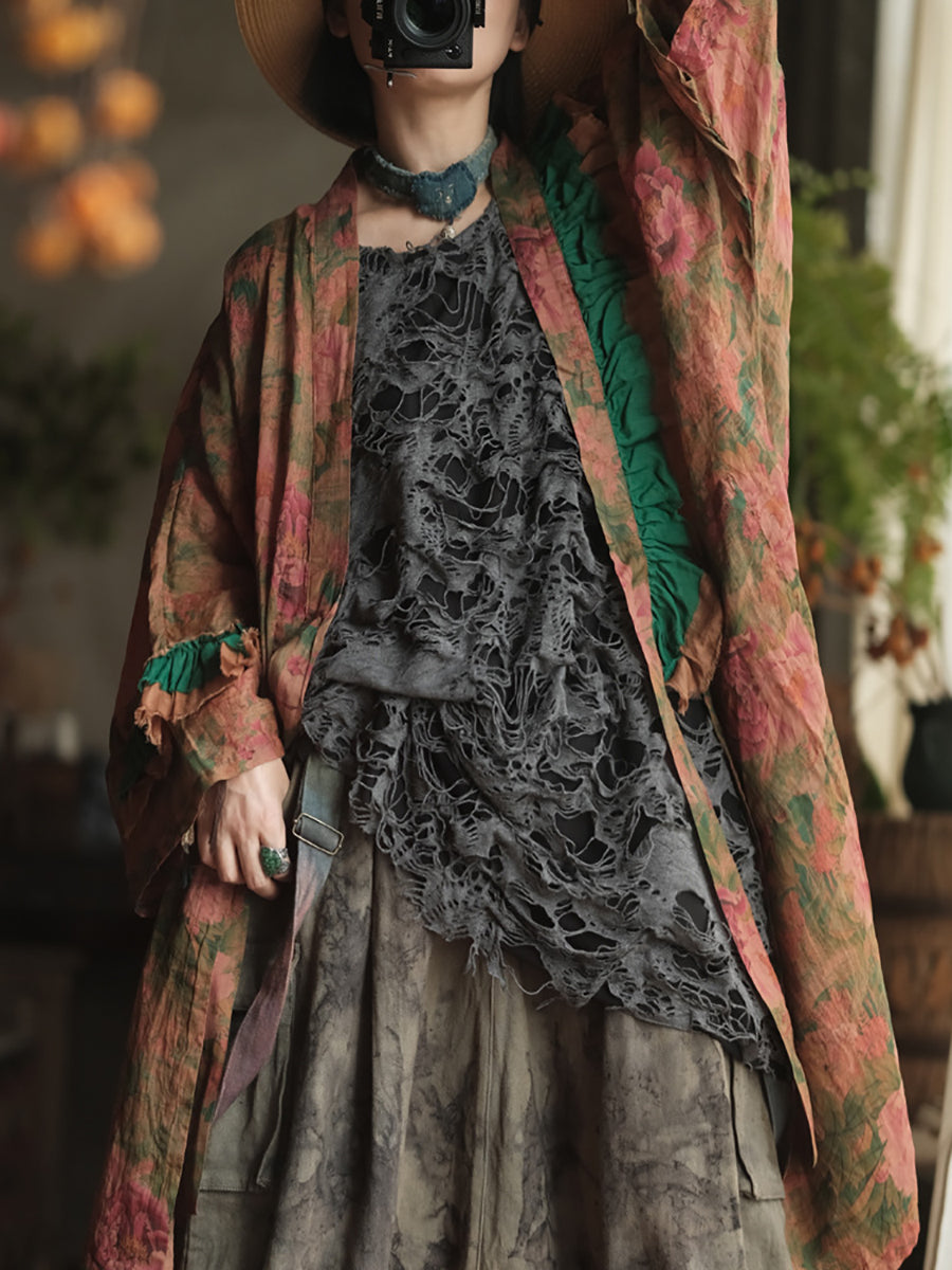 Plus Size Women Summer Artsy Flower V-Neck Ramie Shirt Coat