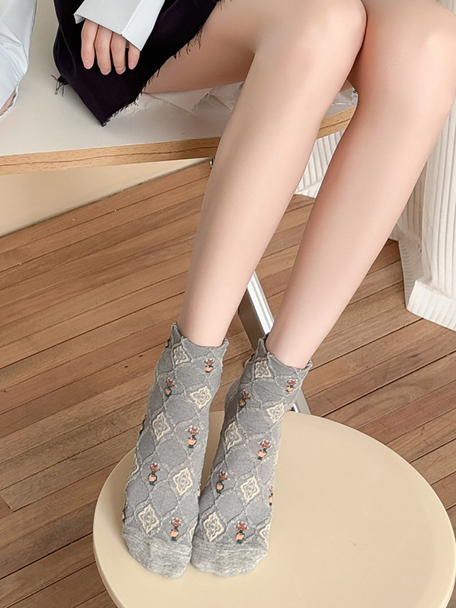 5 Pairs Women Artsy Floral Jacquard Short Socks