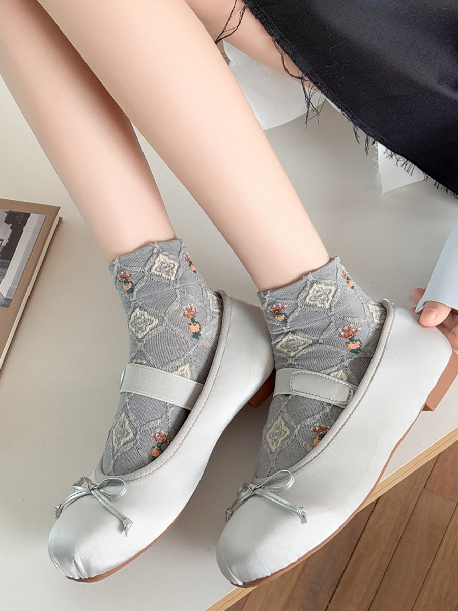 5 Pairs Women Artsy Floral Jacquard Short Socks
