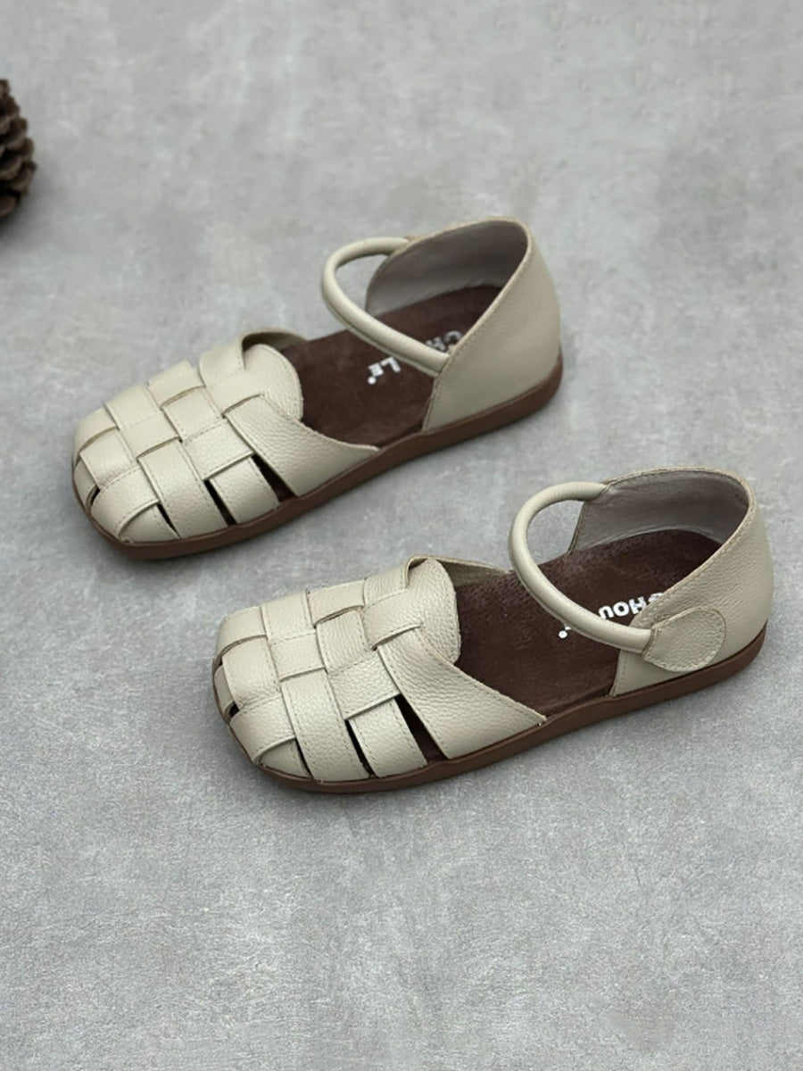 Women Vintage Genuine Leather Weave Flat Shoes