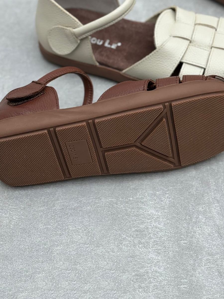 Women Vintage Genuine Leather Weave Flat Shoes
