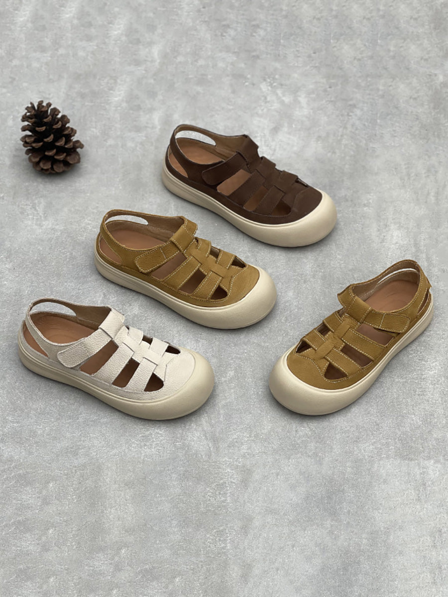 Women Summer Leather Spliced Flat Sandals