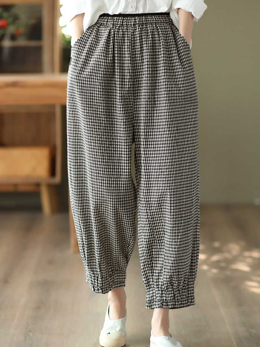 Plus Size Women Summer Retro Plaid 100%Cotton Harem Pants