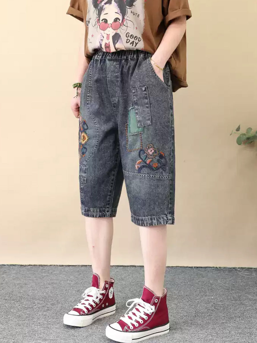 Women Retro Flower Embroidery Denim Fifth Pants